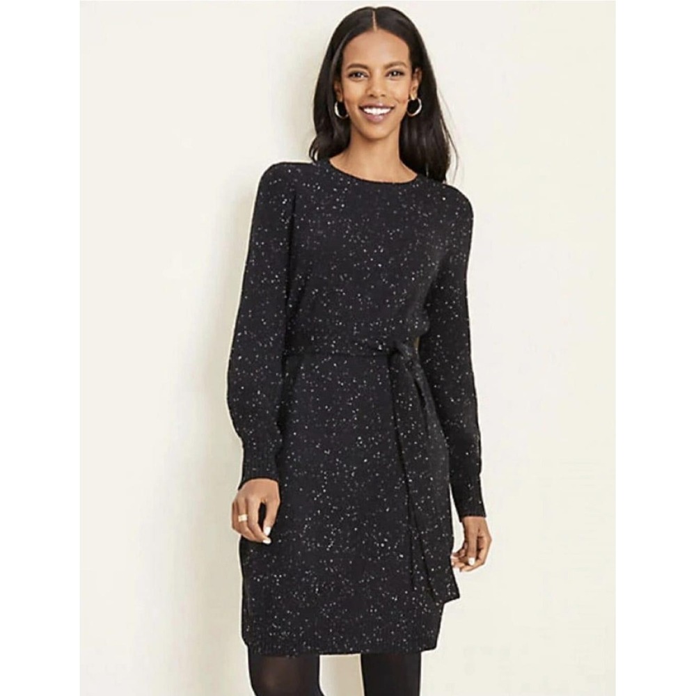 Ann Taylor Black Gold Metallic Flecked Mock Neck Belted Sweater Dress Medium